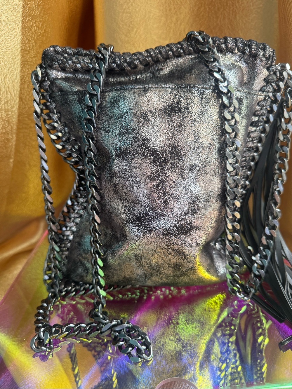 Metallic Black Chain-Trim Tote Bag